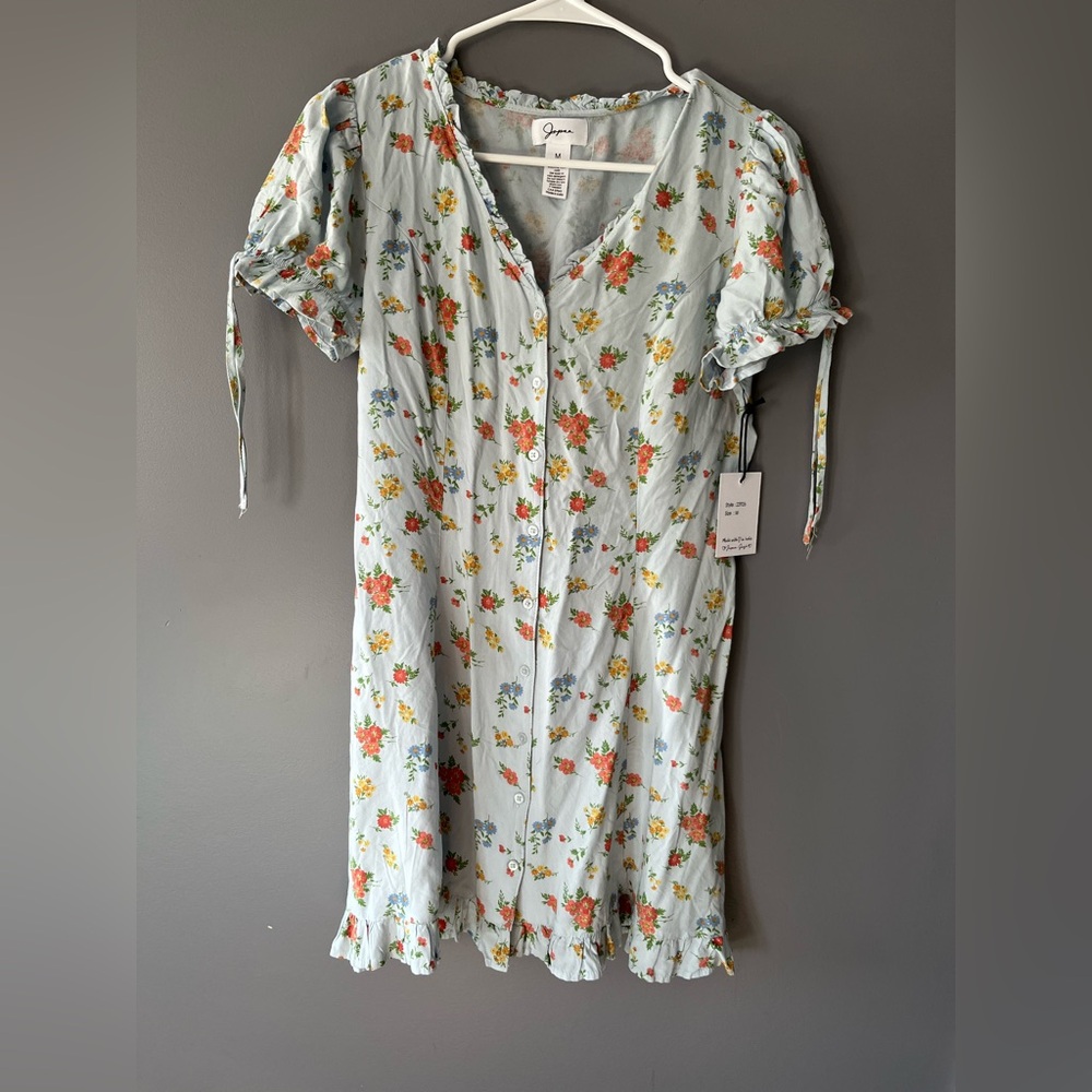 Japna Floral Mini Dress - Light Blue with Orange and Yellow Flowers